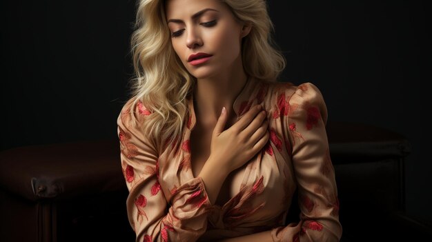 Une femme blonde sexy avec des lèvres rouges dans une veste de soie rouge.