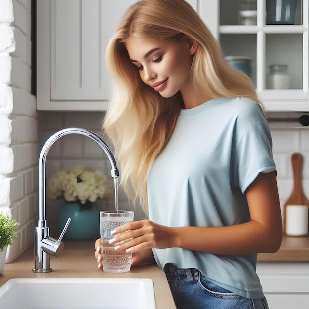 Une femme blonde en T-shirt bleu pastel remplissant un verre avec de l'eau du robinet dans une cuisine blanche