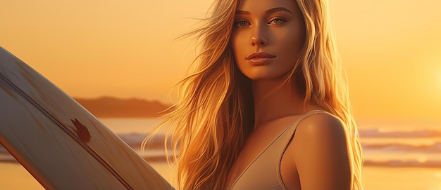 une femme blonde tenant une planche de surf au coucher du soleil dans le style de l'ambre clair et