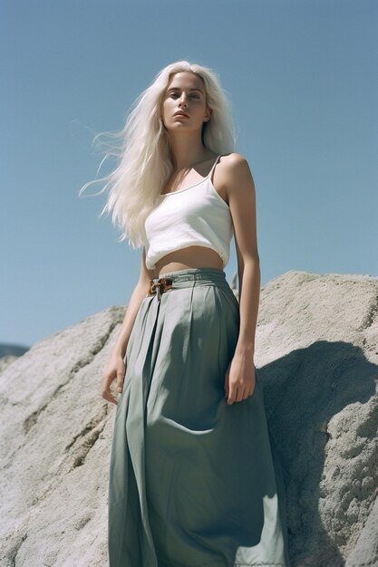 Une femme blonde en tenue d'été en vacances.