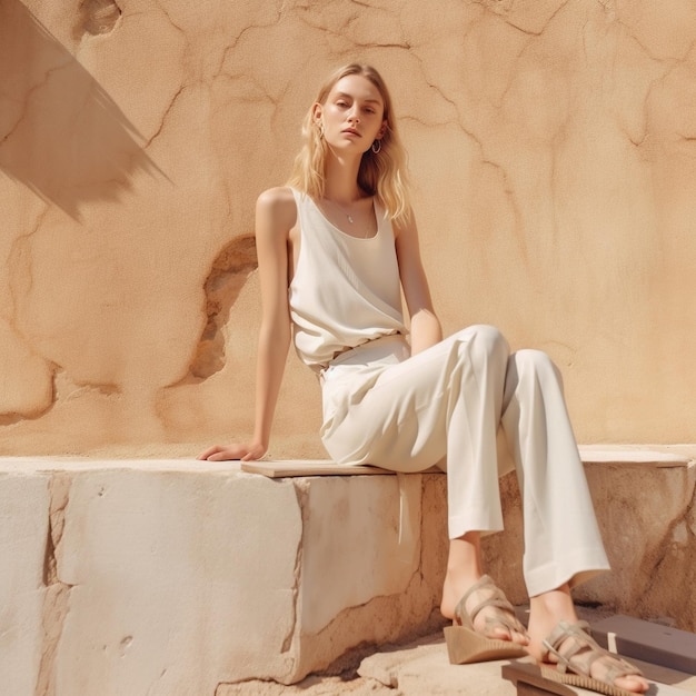 Une femme blonde en tenue d'été en vacances.