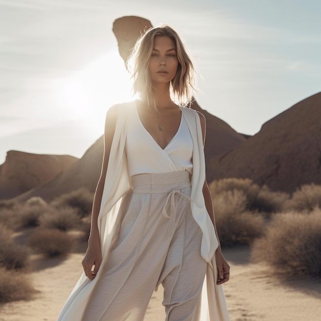 Une femme blonde en tenue d'été en vacances.