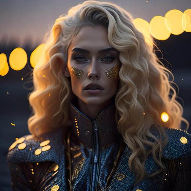 Femme blonde avec une veste dorée sur la plage de nuit