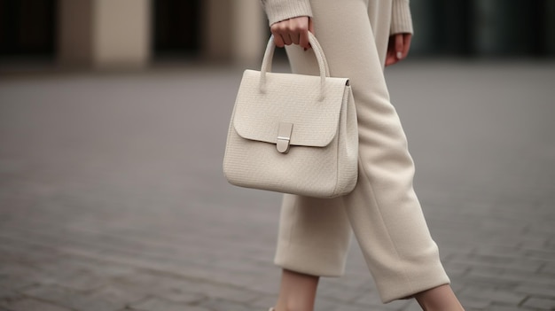 femme en blouse blanche avec sac à main marchant sur la ville