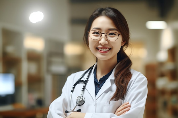 Une femme en blouse blanche avec un stéthoscope sur le cou se tient dans un couloir d'hôpital.