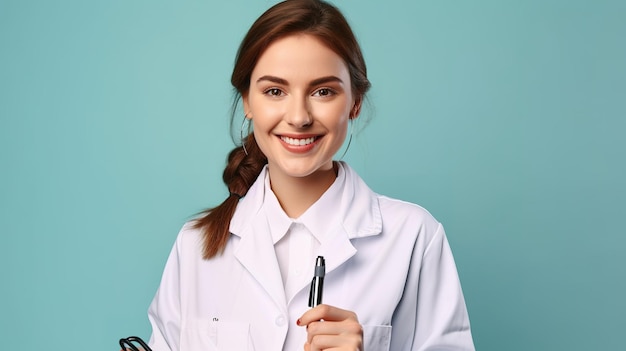 Une femme en blouse blanche tient un stylo et sourit.