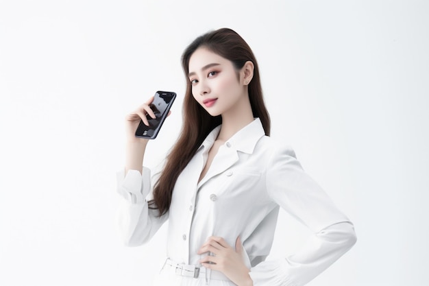 Une femme en blouse blanche tient un téléphone
