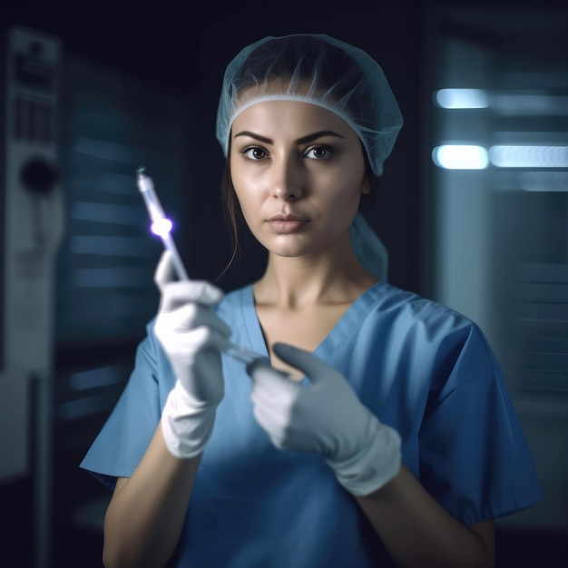 Une femme en blouse bleue et une casquette tient une seringue.