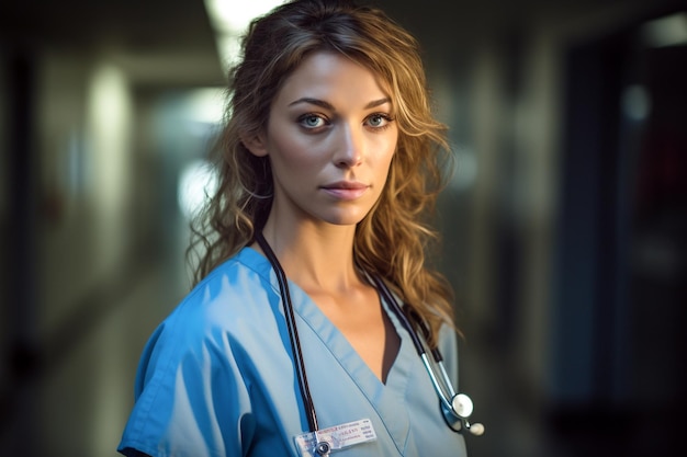 Une femme en blouse bleue se tient dans un couloir avec une pancarte qui dit "le docteur"