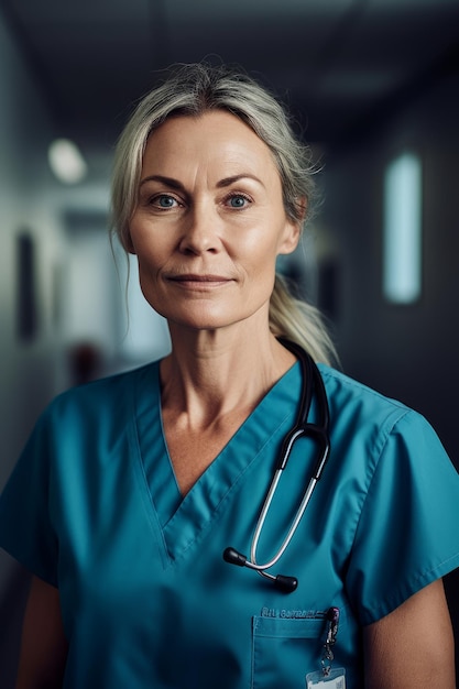 Une femme en blouse bleue se tient dans un couloir avec un stéthoscope autour du cou.