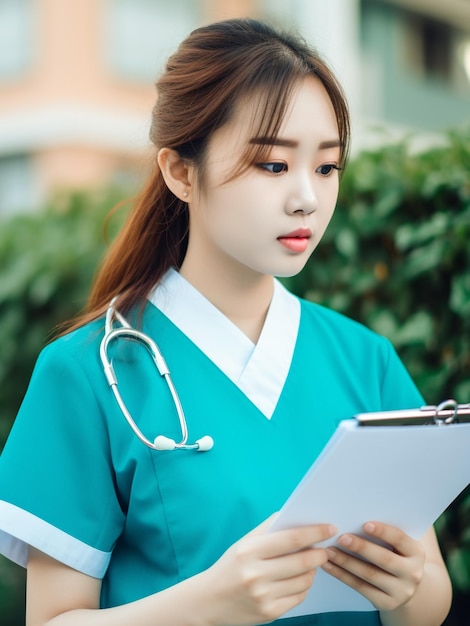 Une femme en blouse bleue tient un presse-papiers avec un stéthoscope autour du cou.