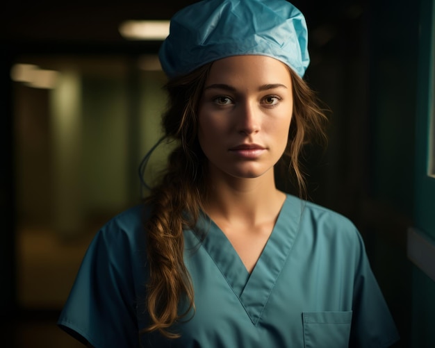 une femme en blouse debout dans un couloir