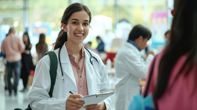 Une femme en blouse de laboratoire blanche tenant un bloc-notes pour la Journée mondiale de la santé