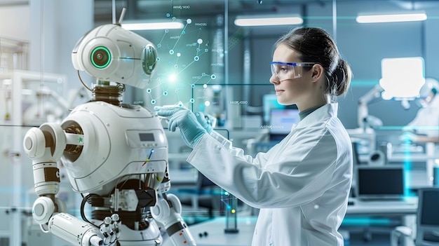 Une femme en blouse de laboratoire blanche touche un robot
