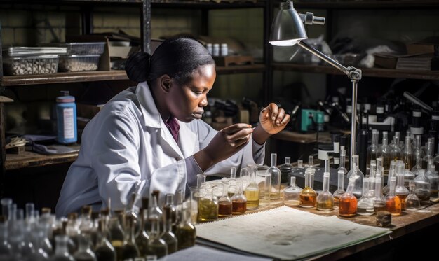 Une femme en blouse de laboratoire est assise à une table avec plusieurs éprouvettes et un verre d'eau.