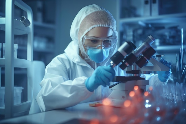 Une femme en blouse de laboratoire et gants regarde à travers un microscope.