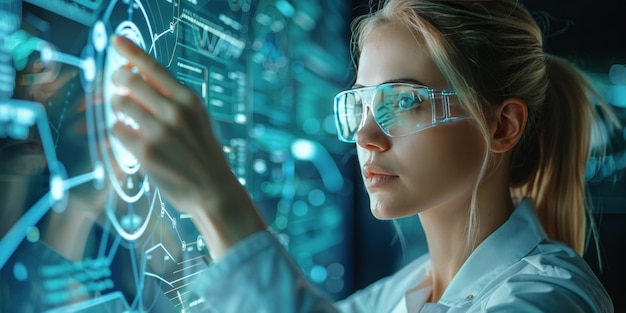 Femme en blouse de laboratoire et lunettes travaillant sur un écran d'ordinateur