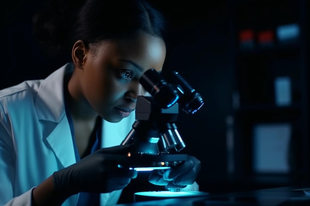 Une femme en blouse de laboratoire regarde à travers un microscope.