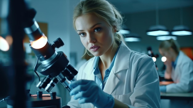 Une femme en blouse de laboratoire regarde à travers un microscope