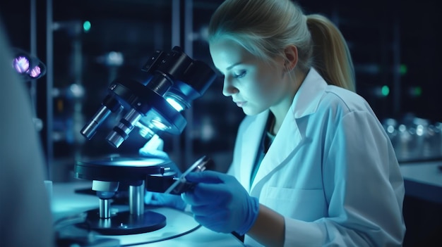 Une femme en blouse de laboratoire regarde à travers un microscope