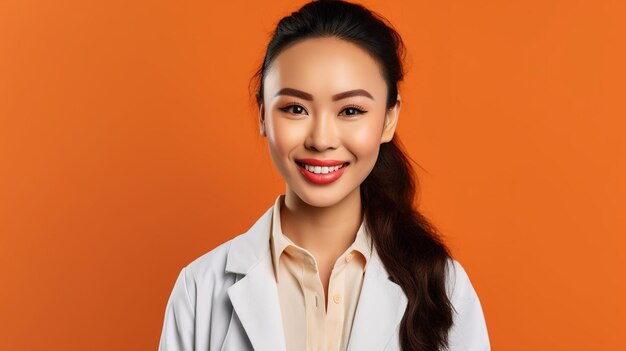 Une femme en blouse de laboratoire avec un sourire sur son visage