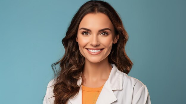 Une femme en blouse de laboratoire sourit à la caméra.