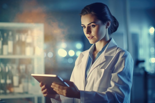 Une femme en blouse de laboratoire utilisant une tablette IA générative