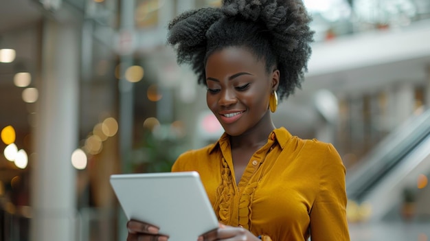 Une femme en blouse à la moutarde vibrante utilise une tablette rayonnante de productivité