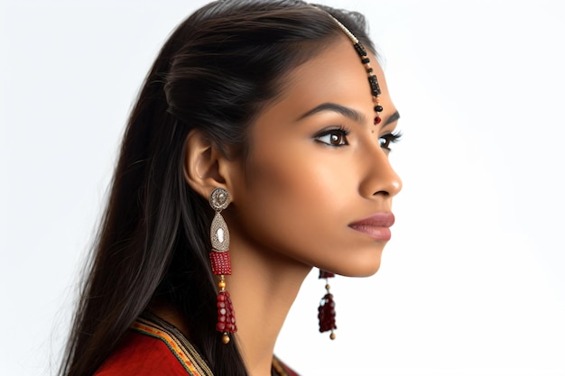 une femme avec un blouse rouge et des boucles d'oreilles