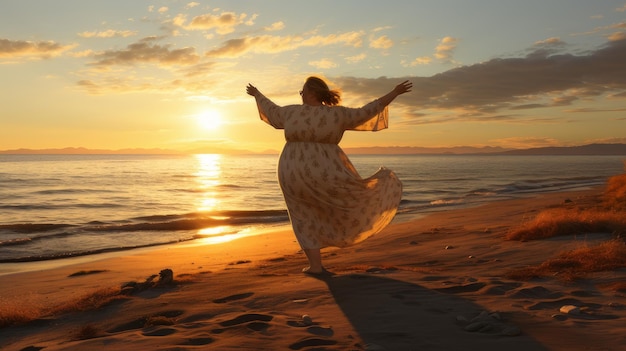 Femme bodypositive faisant du jogging au bord de la mer