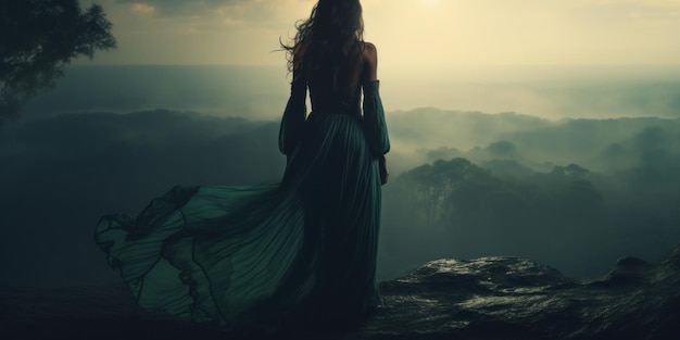 Une femme boho dans la forêt mystique au coucher du soleil