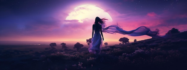 Une femme boho embrassant la nuit au clair de lune