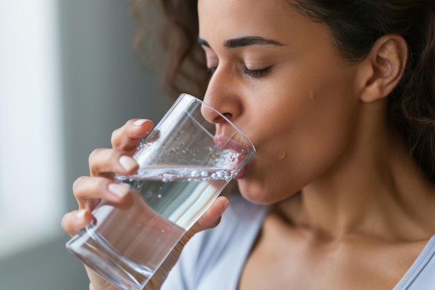 Femme boit de l'eau pour s'hydrater en gros plan photo de style de vie d'hydratation