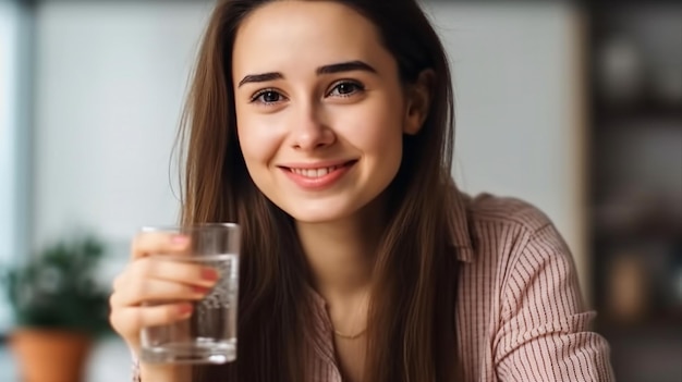 Une femme boit un verre d'eau.