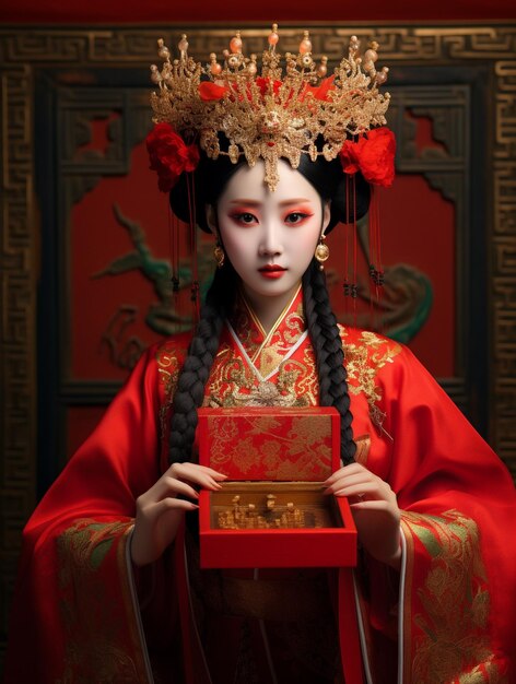 une femme avec une boîte rouge qui dit « geisha ».