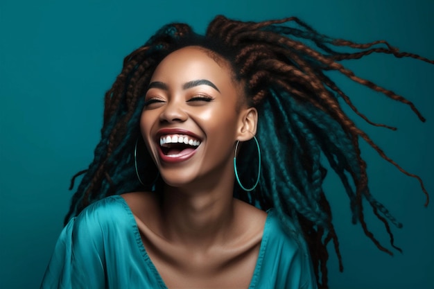 Femme bonheur joyeux bleu africain heureux rire noir portrait beauté IA générative