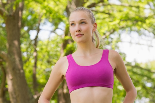 Femme en bonne santé et belle en soutien-gorge de sport contre les arbres dans le parc