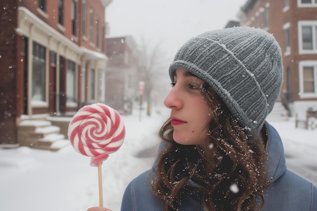 Une femme avec un bonnet glacé, une sucette, une rue enneigée.