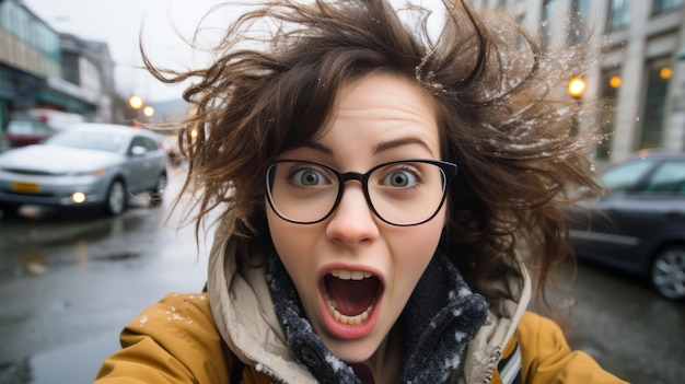 Une femme avec la bouche ouverte prenant un selfie