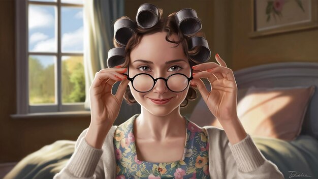 Photo une femme avec des boucles de cheveux sur la tête enlève ses lunettes et regarde devant
