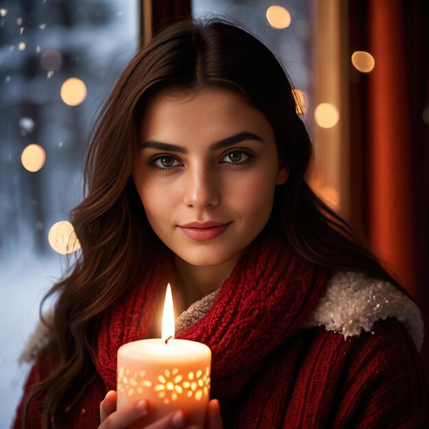 Une femme avec une bougie de Noël regardant par la fenêtre d'hiver en souriant.