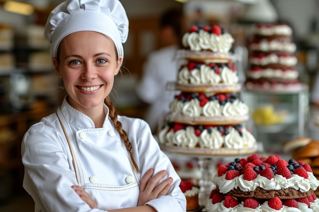 Femme de boulangerie dans la boulangerie avec des gâteaux