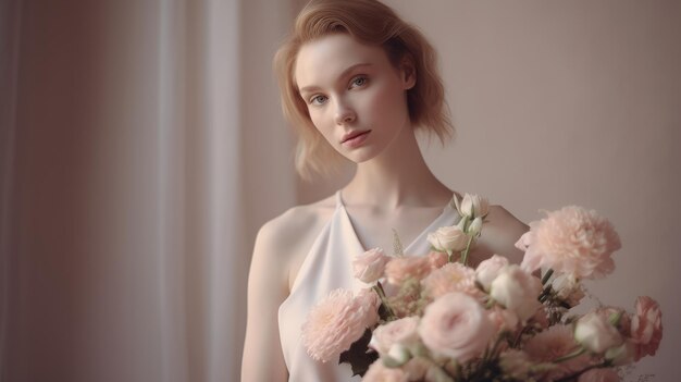 Une femme avec un bouquet de fleurs