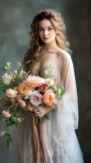 Femme et un bouquet de mariée tons rose et orange