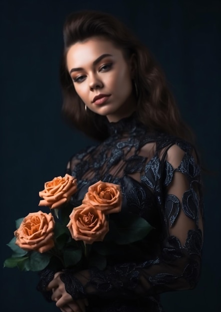 Une femme avec un bouquet de roses dans les mains