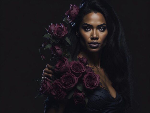 Une femme avec un bouquet de roses sur son épaule