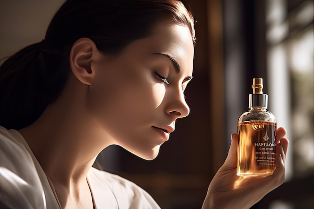 Une femme avec une bouteille de parfum à la main Generative Ai