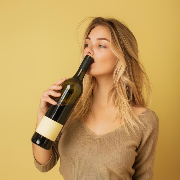 Une femme avec une bouteille de vin dans la bouche