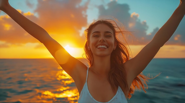 Une femme avec les bras en l'air au coucher du soleil