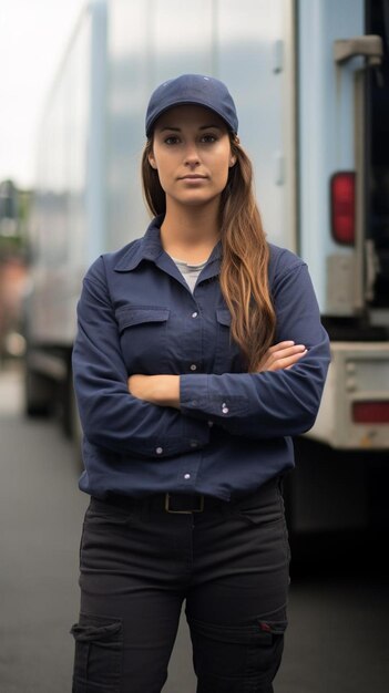 une femme avec les bras croisés et une chemise qui dit qu'elle se tient devant un camion